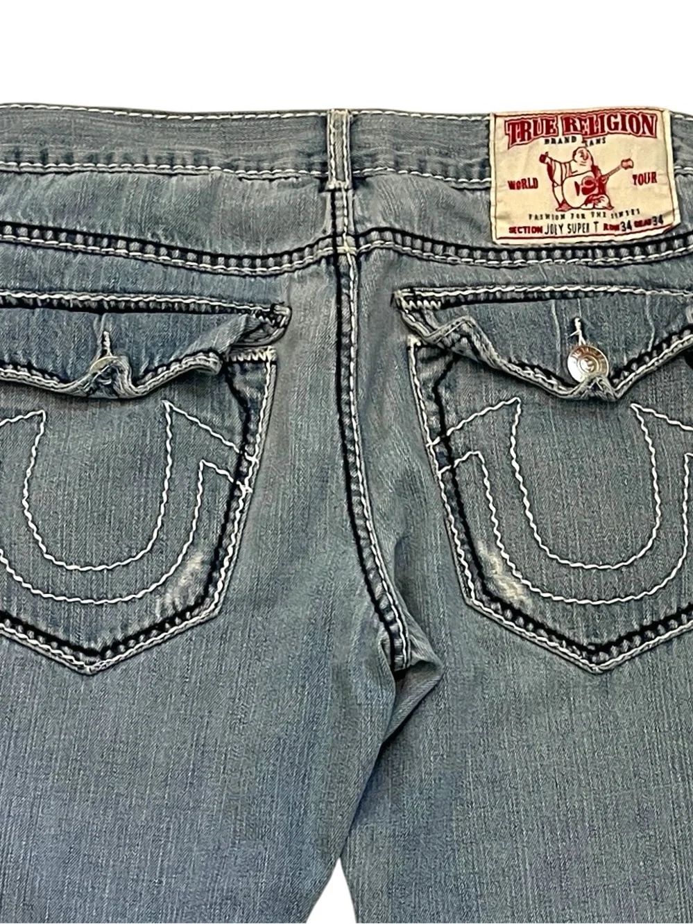 True Religion Joey Super T Jeans 34x30 Light Wash Bootcut USA Contrast Stitch